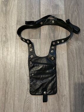 Black Leather Belt Bag with Snap Details